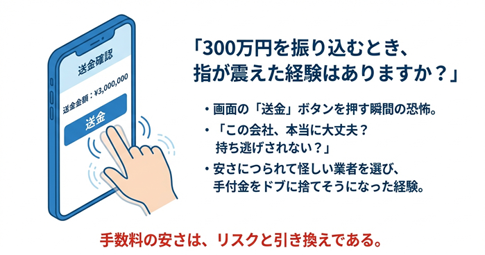 ゴルフ会員権購入時の高額振込で手が震える不安な心理を描写したイラスト