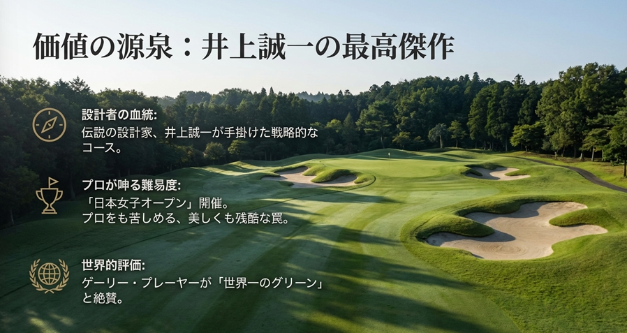  井上誠一設計の戸塚カントリークラブ西コースの美しいバンカーとフェアウェイ、およびその価値を説明するテキスト