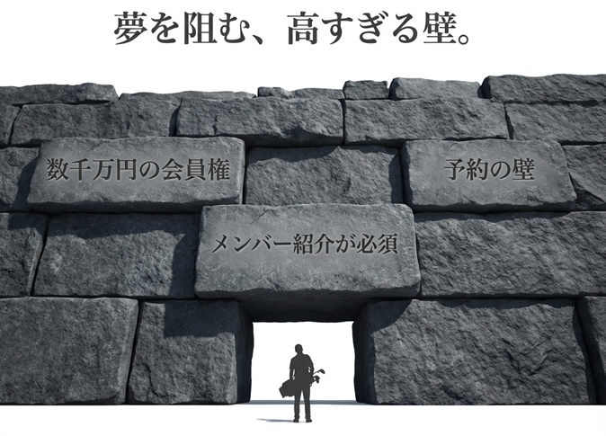 「初期費用0円、年会費26,400円」で名門コースへの扉が開くことを表現したイメージ図。