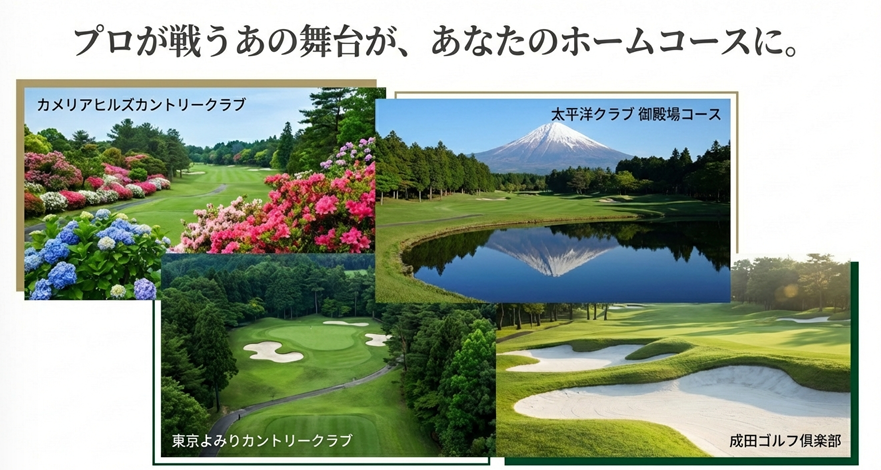 楽天SGCでプレー可能な提携名門コースの写真。カメリアヒルズ、太平洋クラブ御殿場、東京よみうり、成田ゴルフ倶楽部の風景。