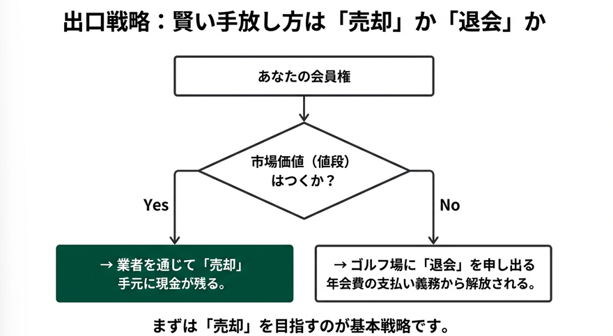 ゴルフ会員権を手放す際の判断フローチャート。市場価値がつくなら売却、つかないなら退会を選ぶ手順