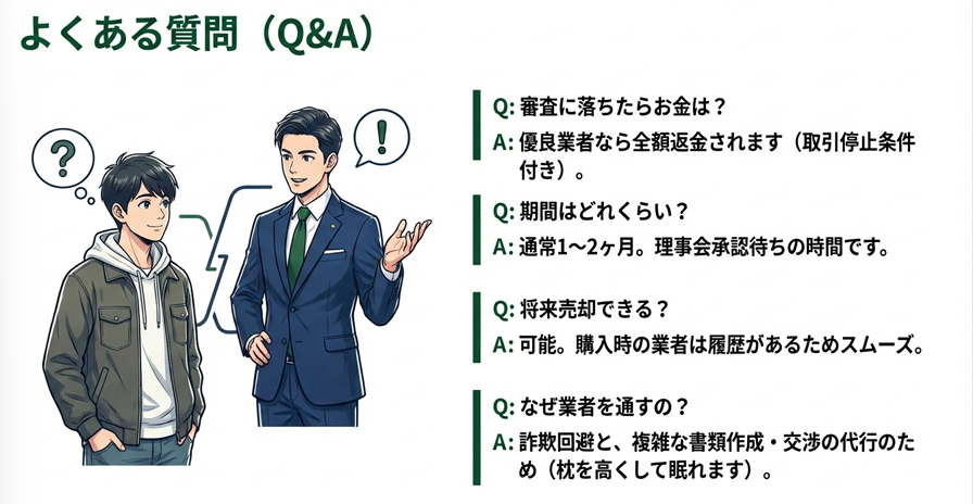 ゴルフ会員権に関するよくある質問Q&A。審査落ちの返金や期間、売却について会話形式で解説