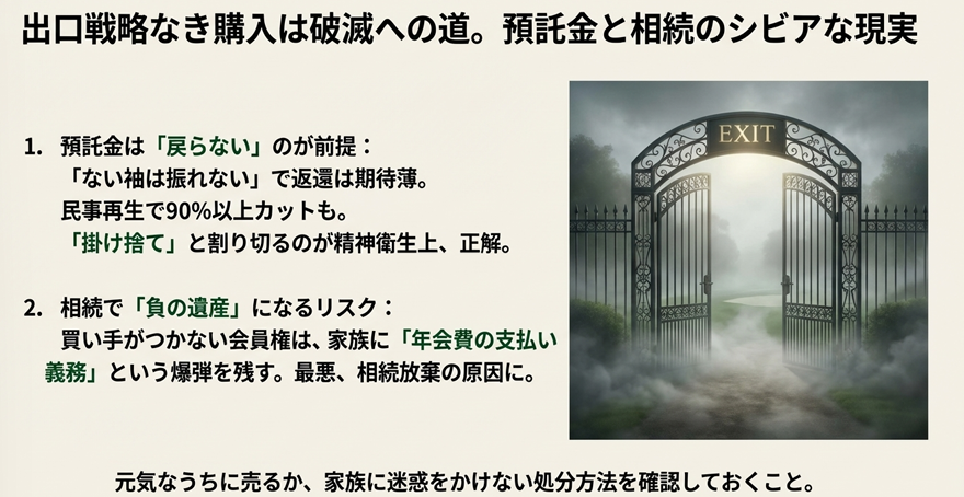 ゴルフ会員権の出口戦略イメージ。預託金が戻らないリスクと、相続で負の遺産になるリスクへの警告。
