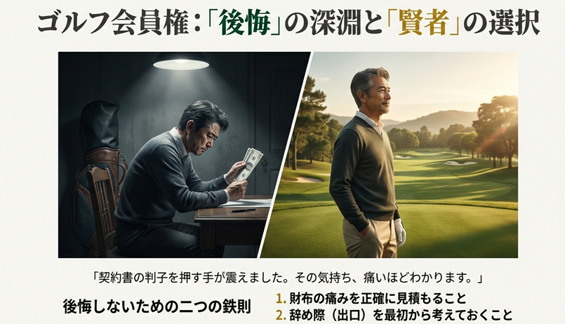 悩む男性と希望に満ちた男性の対比。ゴルフ会員権で後悔しないための二つの鉄則は「コストの正確な把握」と「出口戦略」。