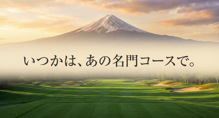 富士山を背景にした名門ゴルフコースの絶景と「いつかは、あの名門コースで。」という楽天SGCのキャッチコピー画像。