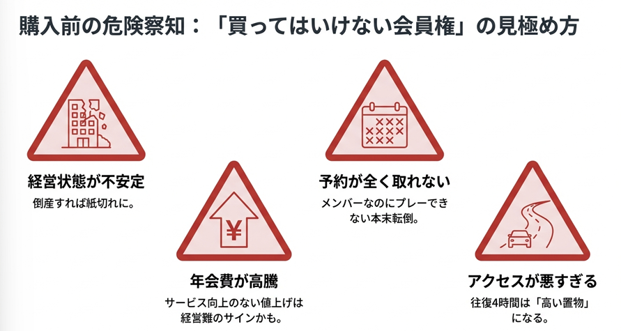買ってはいけないゴルフ会員権の特徴：経営不安定、予約が取れない、年会費高騰、アクセスが悪すぎるという4つの警告