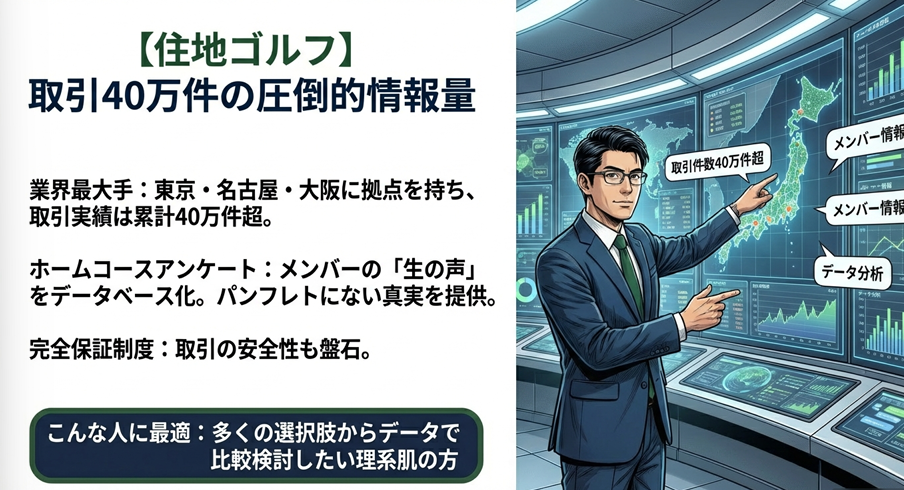 住地ゴルフの特徴。巨大なモニターで日本地図とデータを分析する男性。取引40万件の圧倒的情報量