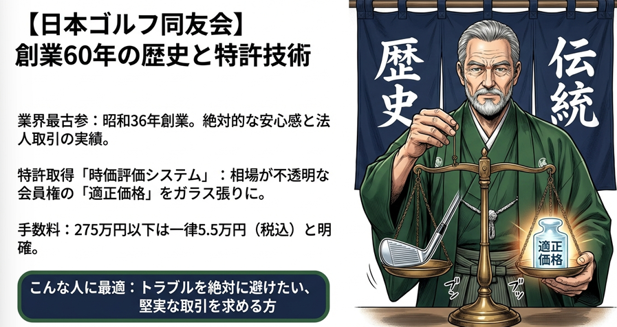 日本ゴルフ同友会の特徴。創業60年の歴史と伝統、天秤に乗せられた公正な時価評価システムを持つ和装の男性