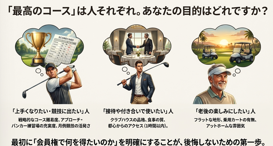 目的別ゴルフ会員権の選び方イラスト。競技志向、接待利用、老後の楽しみ、それぞれの重視すべきポイント。