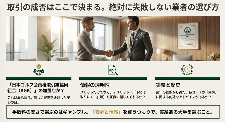 失敗しないゴルフ会員権業者の選び方3つのポイント。KGK加盟、情報の透明性、実績と歴史。