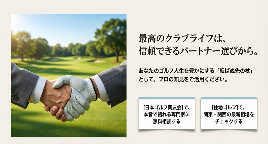 スーツを着た手とゴルフグローブをした手の握手。「信頼できるパートナー選び」と推奨業者(日本ゴルフ同友会、住地ゴルフ)の紹介。