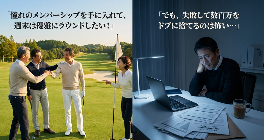 楽しそうにラウンドするゴルファー達のイメージと、会員権選びに悩み頭を抱える男性の対比画像。