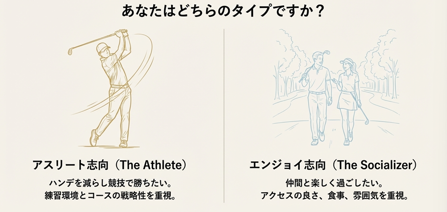 アスリート志向のゴルファーと、エンジョイ志向のゴルファーのイラスト比較。「あなたはどちらのタイプですか?」という診断画像。