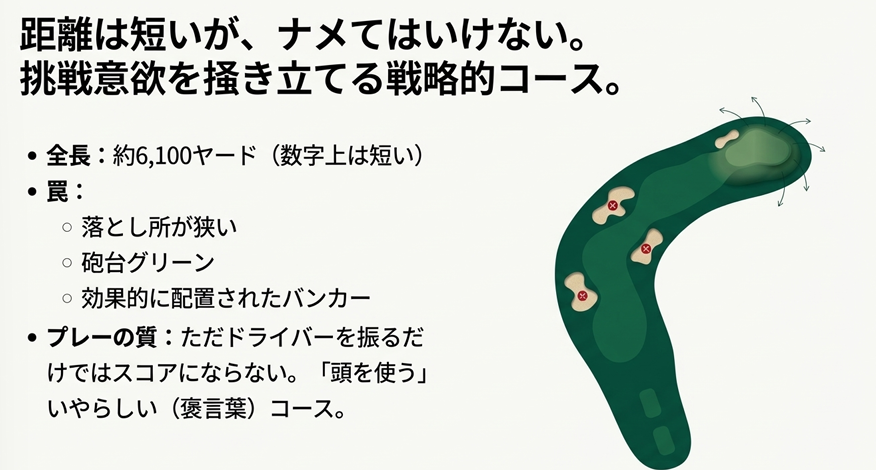 鎌倉カントリークラブのコースレイアウト図。狭い落とし所や砲台グリーンなど戦略的な特徴の解説