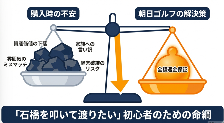 朝日ゴルフの全額返金保証が初心者の不安を解決する天秤のイラスト