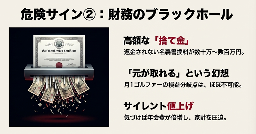 シュレッダーにかけられるお札とゴルフ会員権証書。「財務のブラックホール」「捨て金」を示すイメージ図。